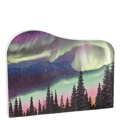 Beautifully colored scene of the Northern Lights, Alaska.  Handcrafted in the USA by the Cat's Meow Village.