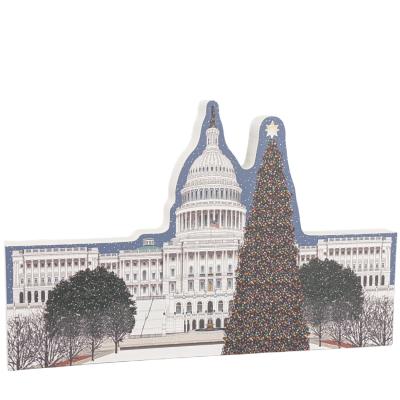 West view of the US Capitol in Washington DC at Christmastime. Includes glittery accents on the trees. Handcrafted by The Cat's Meow Village from 3/4" thick wood in Wooster, Ohio.