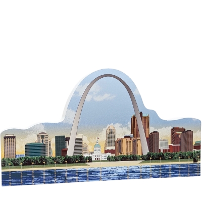 Wooden replica of the Gateway Arch City View, St. Louis, MO. Handcrafted by The Cat's Meow Village in Wooster, OHio.