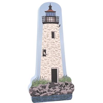 Colorful and detailed replica of New Point Comfort Lighthouse, Port Haywood, Virginia. Handcrafted in the USA 3/4" thick wood by Cat’s Meow Village.