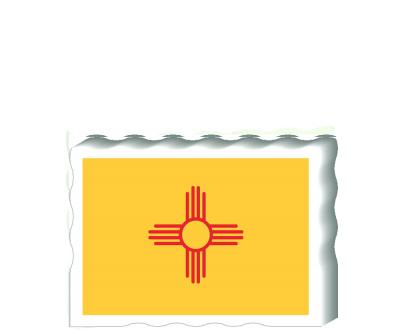 Slightly larger than a deck of cards, this wooden postcard version of the New Mexico flag can fit into any nook around your home or workplace showing off your state pride! Handcrafted in the USA by The Cat's Meow Village.