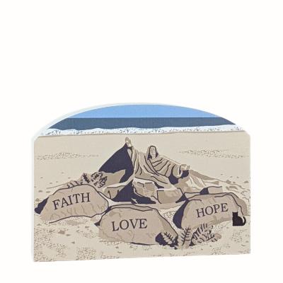 Wooden souvenir of an Ocean City, Maryland sand sculpture handcrafted by The Cat's Meow Village in the USA.