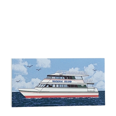 Wooden souvenir of the ferry going to Mackinac Island, Michigan. Handcrafted in 3/4" thick wood by the Cat's Meow Village in Ohio.
