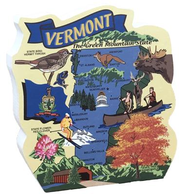 Display your state pride with a state map of Vermont handcrafted in wood by The Cat's Meow Village