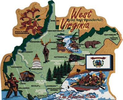 Show your state pride with a state map of West Virginia handcrafted in wood by The Cat's Meow Village