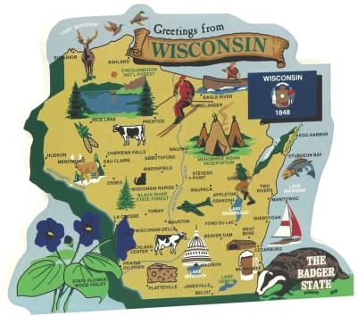 Display your state pride with a state map of Wisconsin handcrafted in wood by The Cat's Meow Village