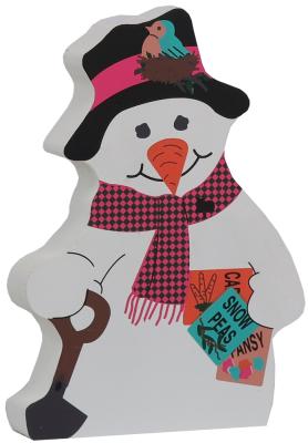 Cat's Meow Village handcrafted wooden shelf sitter of a Spring Planting Snowman. Crafted from wood in the USA.