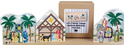 Handcrafted wooden shelf sitter of a Quilted Nativity Trio Set created by The Cat’s Meow Village 