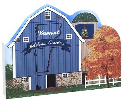 Show your state pride with this Vermont state barn. We've included all the state symbols within the design. Handcrafted by The Cat's Meow Village in the USA.