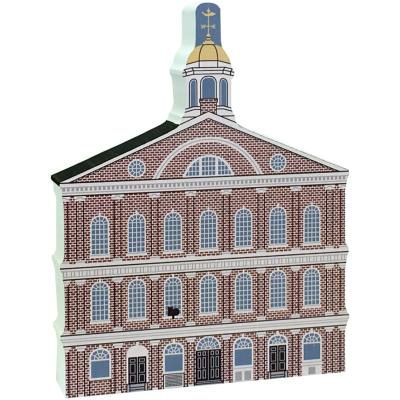 Wooden replica of Faneuil Hall in Boston, Massachusetts. Carry it home, add it to your home decor. Handcrafted by The Cat's Meow Village in the USA.