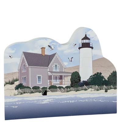 Wooden replica of Sandy Neck Lighthouse, Barnstable, Cape Cod. Handcrafted by The Cat's Meow Village in the USA