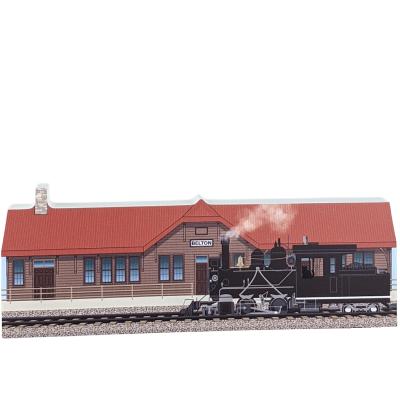 Wooden replica of Belton Depot, West Glacier Train Depot, Glacier National Park, Montana. Handcrafted in 3/4" thick wood by The Cat's Meow Village in the USA.