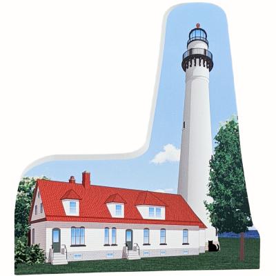 Souvenir wooden replica of Wind Point Lighthouse, Racine, Wisconsin handcrafted in the USA by The Cat's Meow Village.