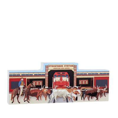 Wooden replica of Stockyards Station, Fort Worth, Texas part of the Stockyards National Historic District. Handcrafted by The Cat's Meow Village in the USA.