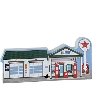 Wooden replica of the Ambler-Becker Route 66 Gas Station, Dwight, Illinois. Handcrafted in 3/4" thick wood by The Cat's Meow Village in the USA.