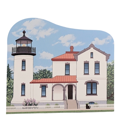 Wooden souvenir of the Admiralty Head Lighthouse in fort Casey State Park, Washington. Handcrafted by The Cat's Meow Village in Ohio.