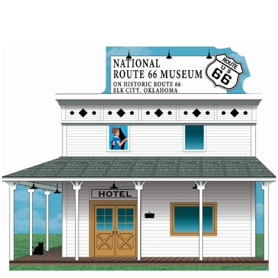 Wooden replica of National Rt 66 Museum, Elk City, Oklahoma, handcrafted by The Cat's Meow Village in the USA.