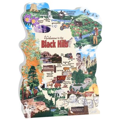 Map of the Black Hills in western South Dakota filled with all the places to visit. Handcrafted in 3/4" thick wood by The Cat's Meow Village in the USA.