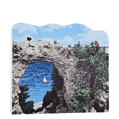 Wooden souvenir of Arch Rock on Mackinac Island, Michigan. Handcrafted in 3/4" thick wood by the Cat's Meow Village in Ohio.