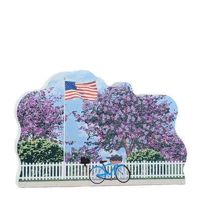 Wooden souvenir of the famous lilacs on Mackinac Island, Michigan. Handcrafted in 3/4" thick wood by the Cat's Meow Village in Ohio.