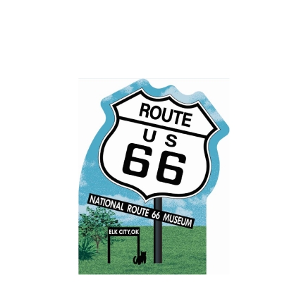 Route 66 sign by the National Route 66 Museum in Elk City, OK. handcrafted in 3/4" thick wood by The Cat's Meow Village in the USA.