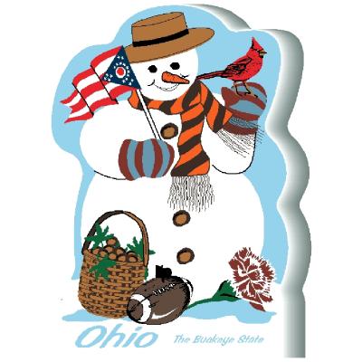 Ohio State Snowman handcrafted and made in the USA by The Cat's Meow Village from 3/4" thick wood.