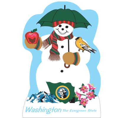 Cute snowman represents the state of Washington with his apple, state flag, goldfinch and more.