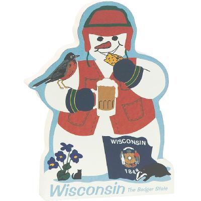 This cute snowman includes all the famous icons of Wisconsin. Sit him on your bookshelf, wainscoting, window ledge or the trim above your door or window. Handcrafted in the USA