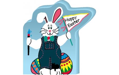 Hoppy Easter Bunny handcrafted of 3/4" thick wood by The Cat's Meow Village with colorful details on the front.