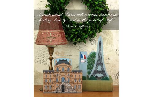 Decorate your home with a little wooden Village that reminds you of that trip to Paris. Eiffel Tower and The Louvre handcrafted in wood by The Cat's Meow Village.