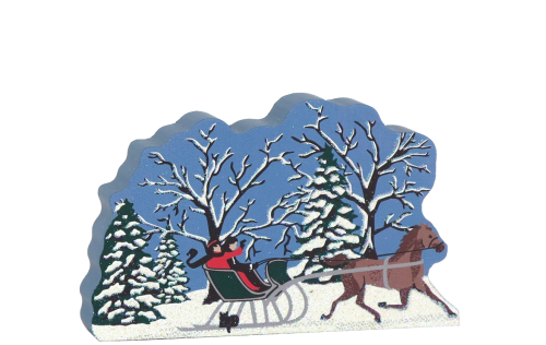 Over The River And Through The Woods horse & sleigh scene. Part of a handcrafted wooden 4 pc set to display in your home. By The Cat's Meow Village.