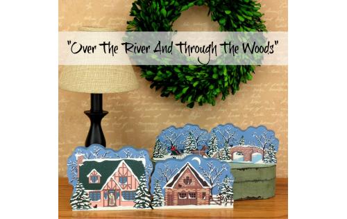 Set of 4 Over The River wooden Cat's Meow Village collection for your holiday decor.