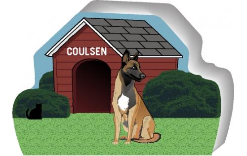 Cat's Meow shelf sitter of a Belgian Malinois you can personalize with your dog's name.
