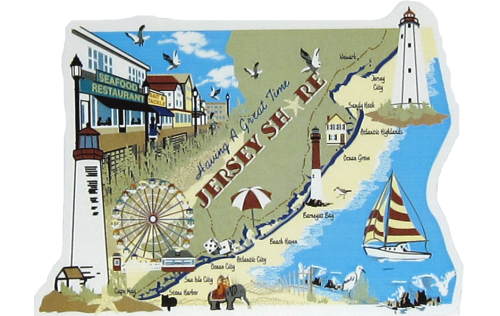 Map of the Jersey Shore handcrafted in wood by The Cat's Meow Village in the USA