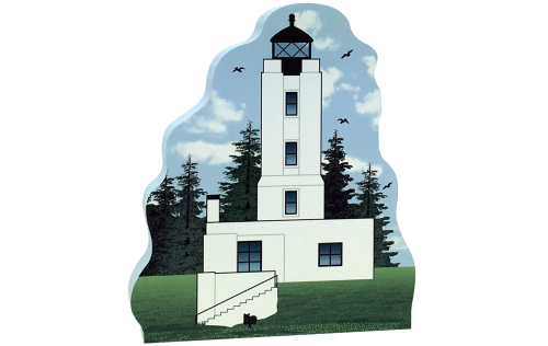 Cat's Meow Village handcrafted wooden replica of Five Finger Lighthouse, Alaska. Made in the USA.