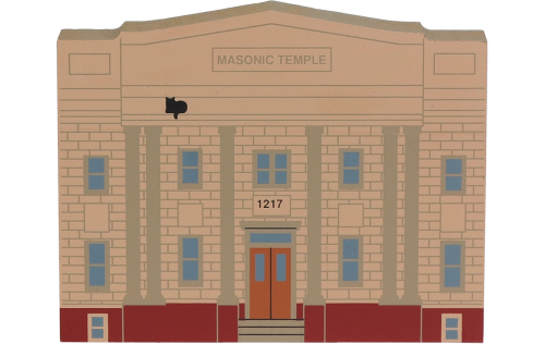 Wooden handcrafted keepsake of the Masonic Temple created by The Cat’s Meow Village