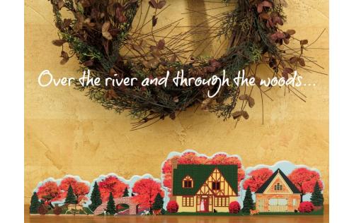 Bring the fall into your home with the wooden handcrafted Over The River 4-piece set by The Cat's Meow Village