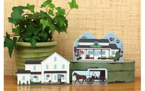Example of an Amish collection displayed in a home. Handcrafted by The Cat's Meow Village in 3/4" thick wood.