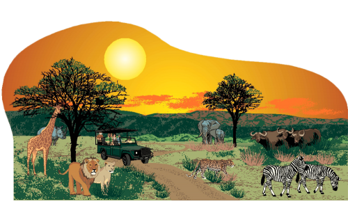 Handcrafted 3/4" thick wooden scene of an African Safari, including the "big five" animals of Africa. Crafted by The Cat's Meow Village in Wooster, Ohio.