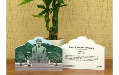 Front and back of our handcrafted wooden Great Buddha of Kamakura from 3/4" thick wood to add to your home decor