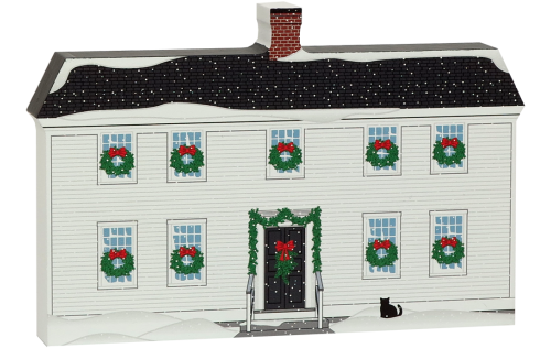 Mystic Seaport Buckingham-Hall House recreated in 3/4" thick wood, handcrafted by The Cat's Meow Village for your holiday decor.