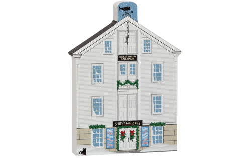 Wooden keepsake of Mystic Seaport Ship Chandlery, crafted in the USA by The Cat's Meow Village