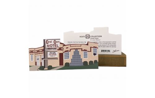 Front & Back of Art deco style Coral Court Motel wooden replica for your home decor, handcrafted in the US by The Cat's Meow Village.