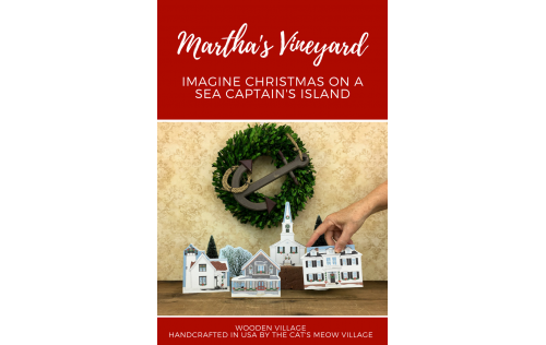 Add this little wooden house village representing Christmastime on Martha's Vineyard to your holiday decor. Handcrafted by The Cat's Meow Village in the USA.
