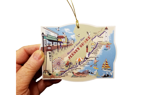 Jersey Shore Ornament handcrafted in 1/4" thick wood with colorful details on the front and shoreline history on the back. Handcrafted by The Cat's Meow Village in the USA.