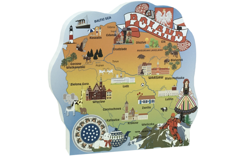 3/4" thick wooden map of Poland includes prominent landmarks and cultural icons. Handcrafted by The Cat's Meow Village in the USA.