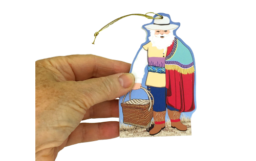 This Colonial Mexico Santa will add lots of color to your Christmas tree. Handcrafted from 1/4" thick wood by The Cat's Meow Village in the USA.