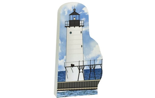 Replica of the Manistee North Pierhead Light handcrafted in 3/4" thick wood by The Cat's Meow Village in Wooster, Ohio.