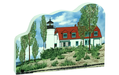 Replica of the Point Betsie lighthouse in Frankfort, MI, handcrafted in 3/4" thick wood by The Cat's Meow Village in Wooster, Ohio.