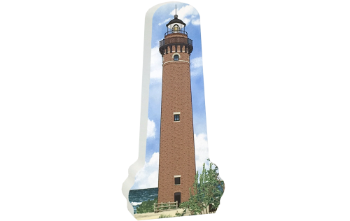 Wooden replica of the Little Sable Point Lighthouse in Mears, Michigan. Handcrafted in the USA by The Cat's Meow Village.